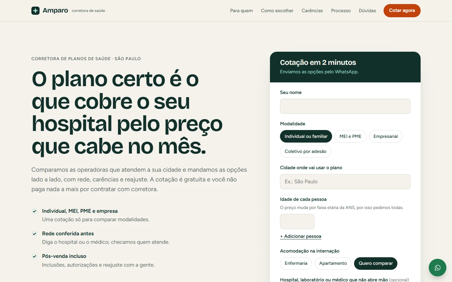 Página inicial do site Amparo, corretora de plano de saúde, capturada no navegador.