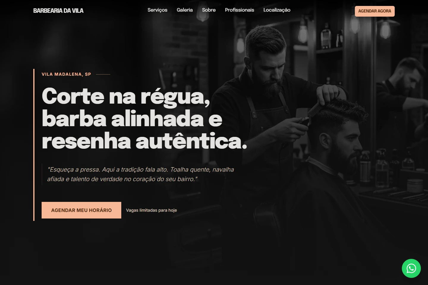 Página inicial do site Barbearia da Vila, capturada no navegador.