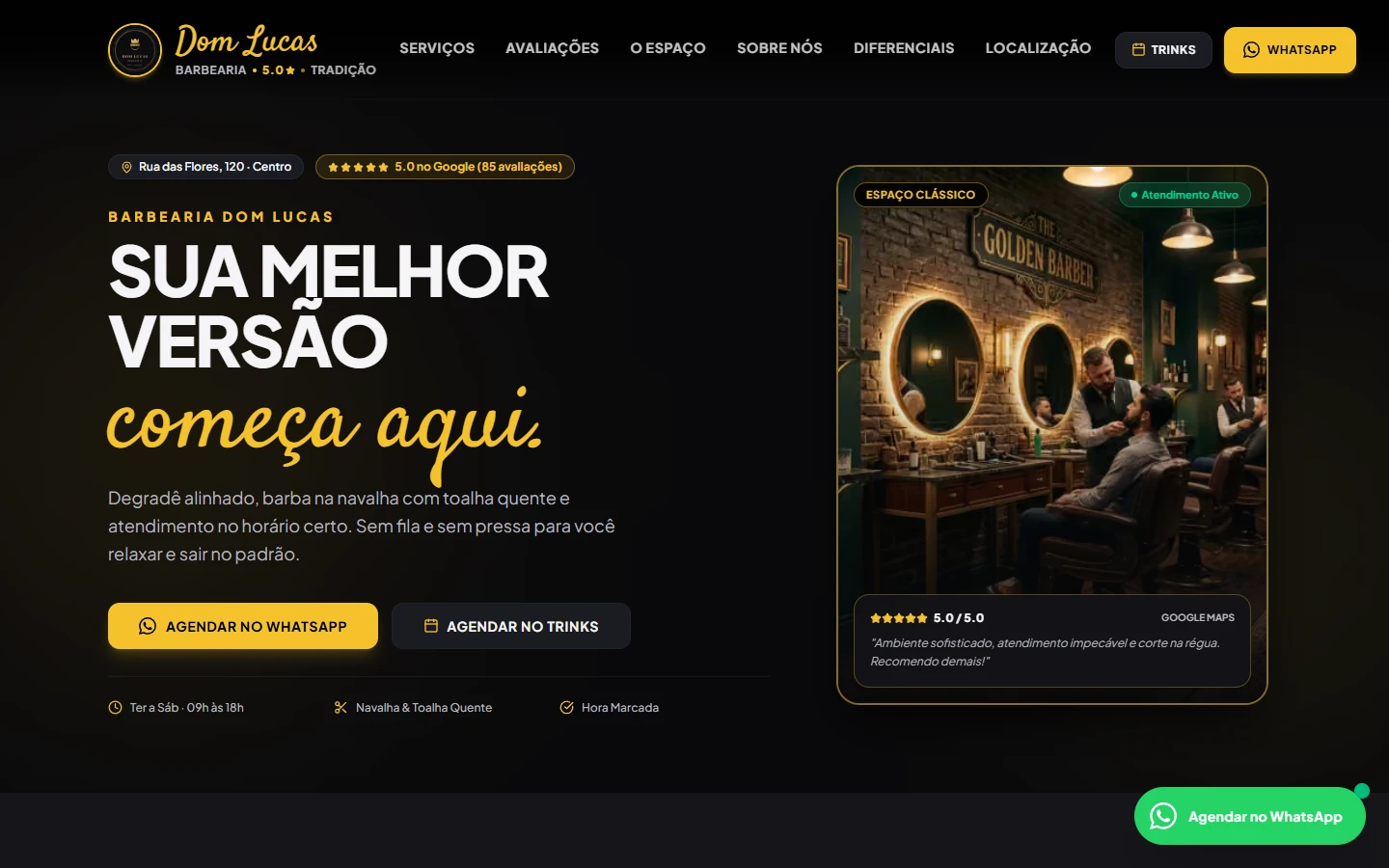 Página inicial do modelo Barbearia Dom Lucas com imagem ilustrativa de IA.