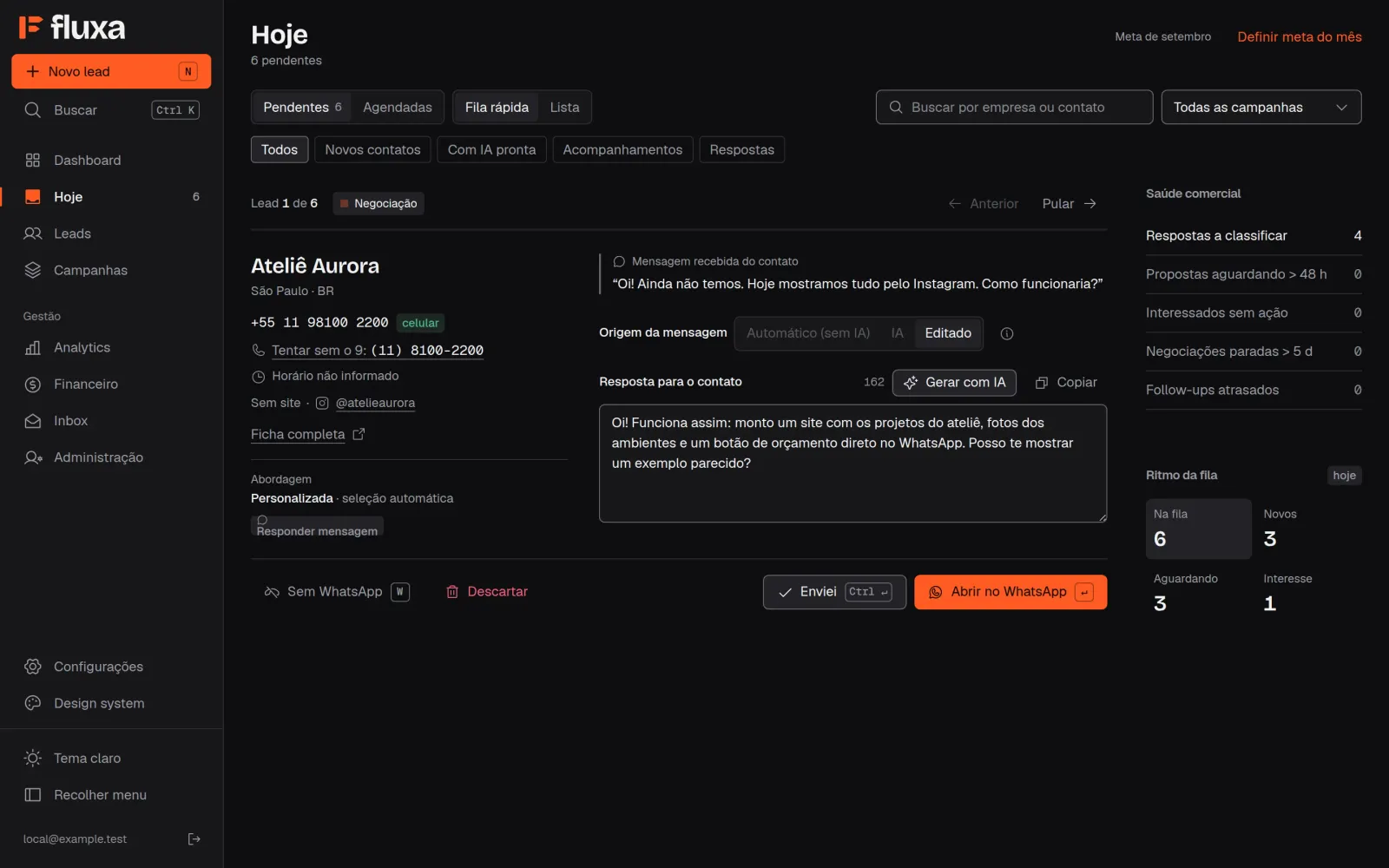 Tela Hoje do Fluxa com a resposta de um contato pronta para revisar e abrir no WhatsApp