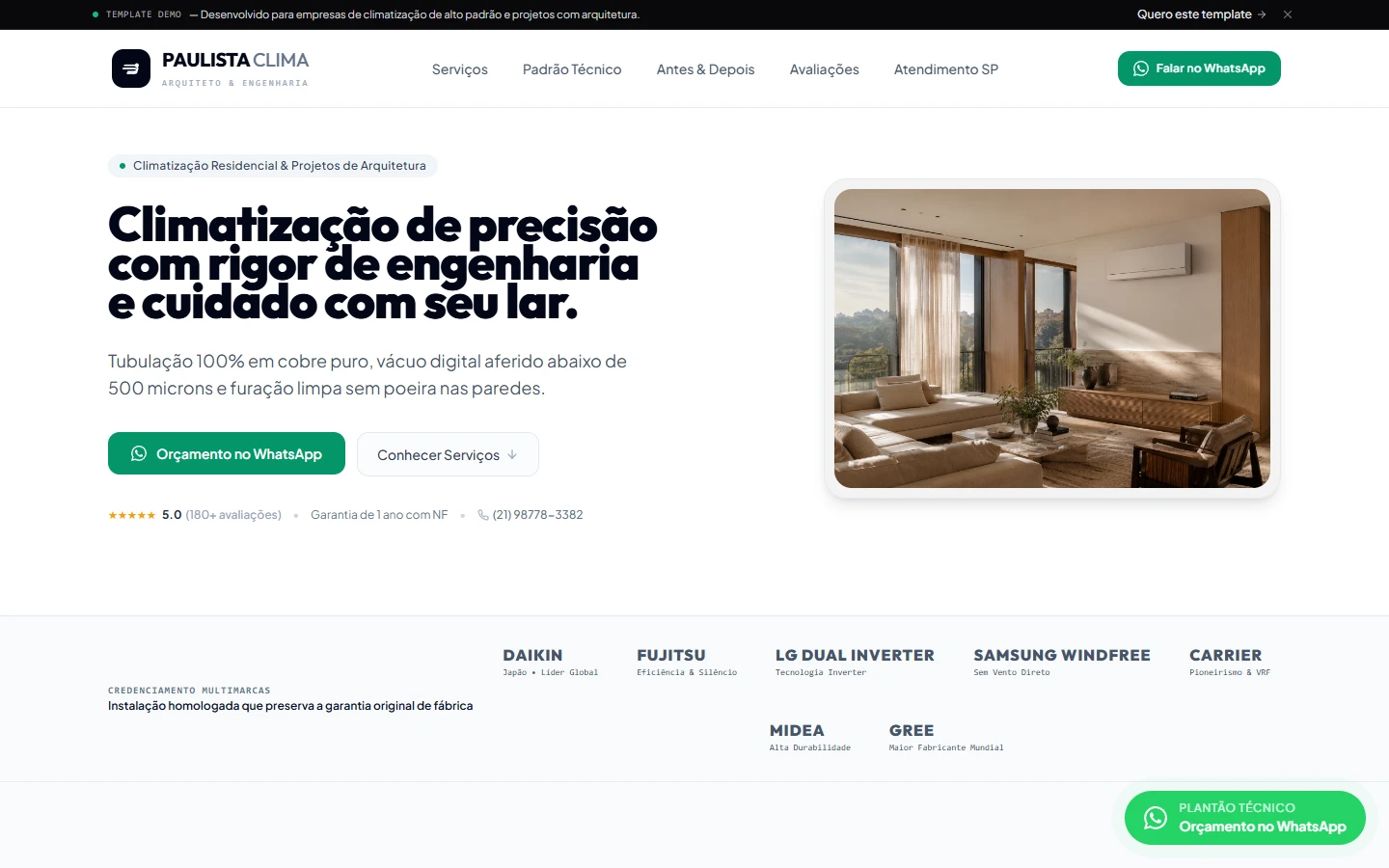 Página inicial do modelo Paulistar de climatização residencial.
