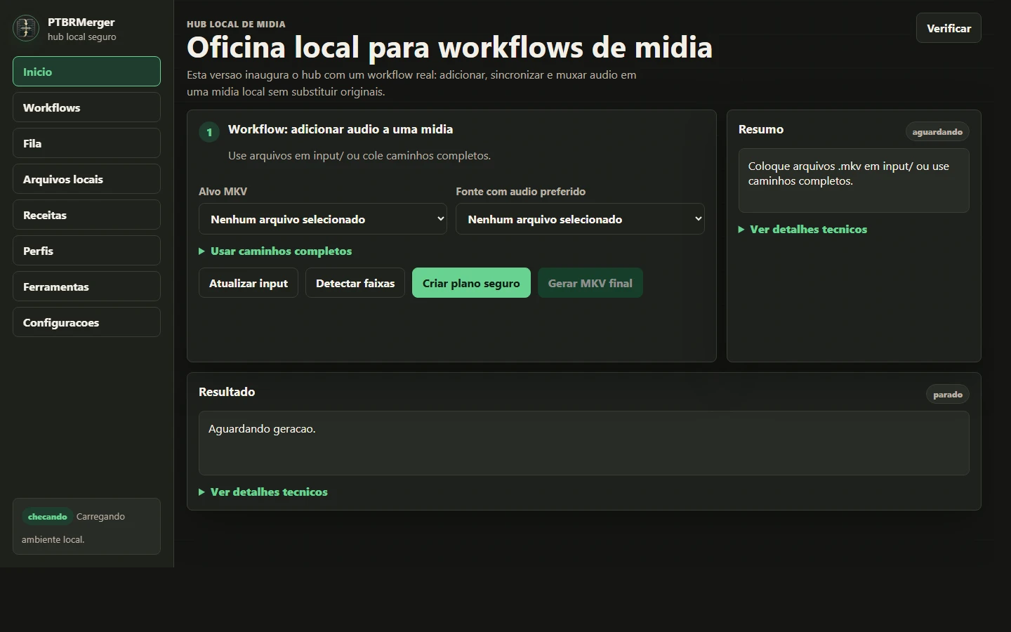 Interface local do PTBR Merger com seleção de MKV, fonte de áudio e plano de processamento.
