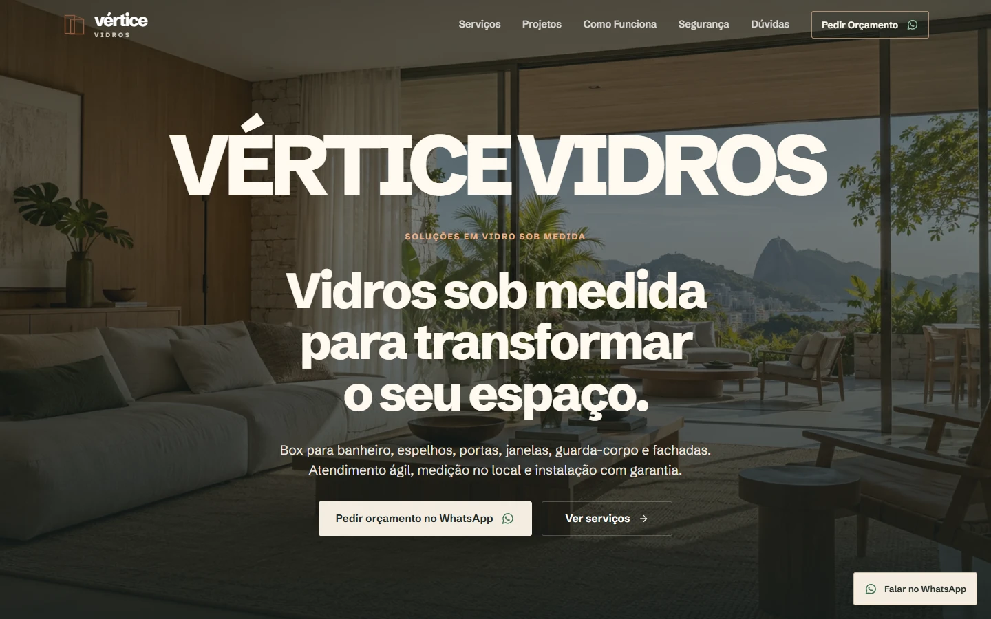 Página inicial do site Vértice Vidros, capturada no navegador.